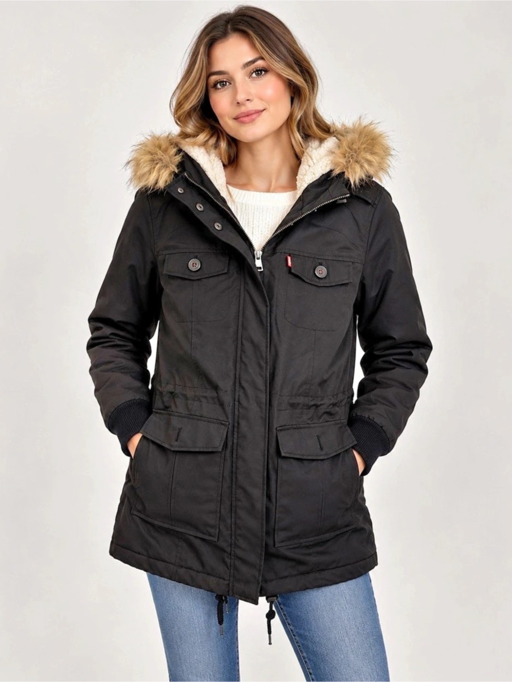 Levi’s Women’s Medium Black Sherpa Lined Faux Fur Hooded Parka Jacket